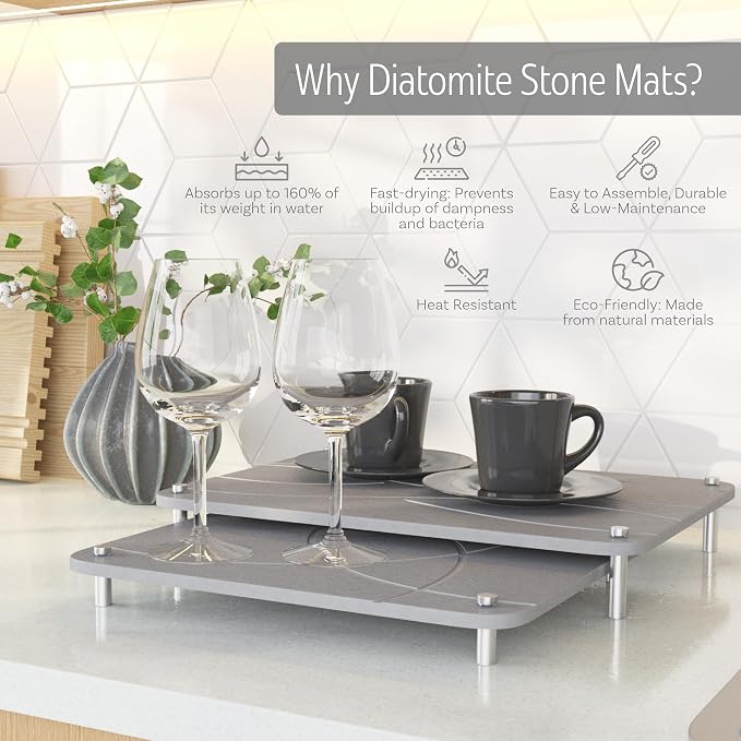 Nested Dish Drying Stone Mat with Bamboo Rack | Large 16"x12" Dish Drying Mat plus 13"x12" Diatomaceous Earth Stone Mat | Expands to 29” x 12” | Premium Stone Mat for Kitchen Counter (Light Gray)