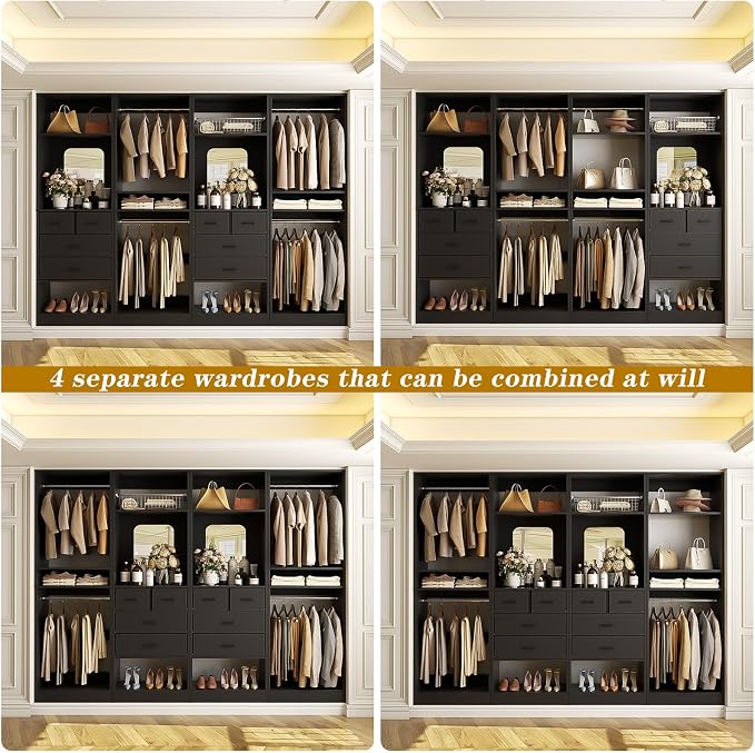 Unikito 100” Closet System with Drawers, 8.3FT Wood Closet Organizer with Hanging Rods and Mirror Design, Reversible Large Walk in Wardrobe Garment Rack with Shelves, Sturdy Closet Tower, Black
