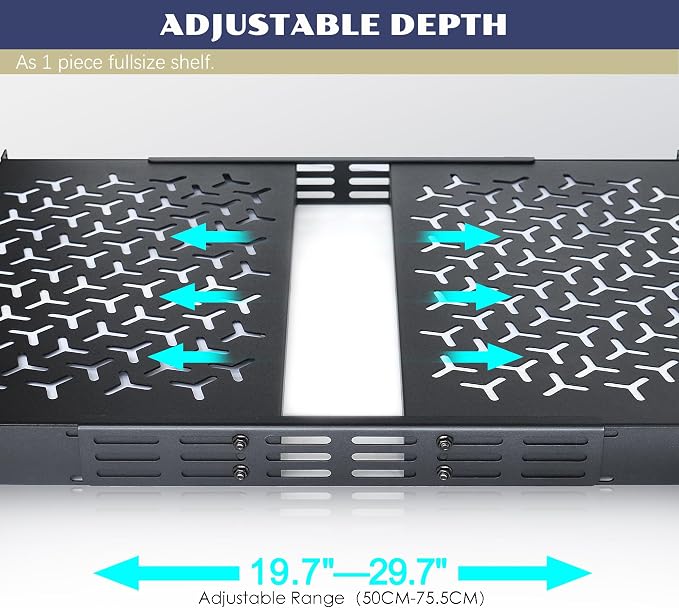 1U Rack Shelves (2-Pack), 1 PCS 8" Deep Cantilever & 1 PCS 12" Deep Cantilever, with Optional Joints to Combine as One Full Size Server Rack Shelf