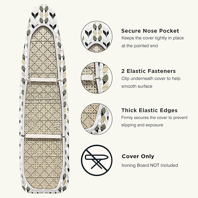 UniSimp Ironing Board Cover and Pad 15"x54" Extra Thick Natural Cotton, Scorch and Stain Resistant Padding, Standard Size Iron Board Cover with Fasteners Heavy Duty Elastic Edge, Heatproof Foliage