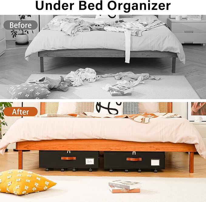 Freebat Under Bed Storage with Wheels 2 Pack, Underbed Container | 7.5 inch Height Under Bed Drawers with Clear Lid Cover, Storage Bag Box with Visiable Window for Clothes, Bedsheet, Pillow