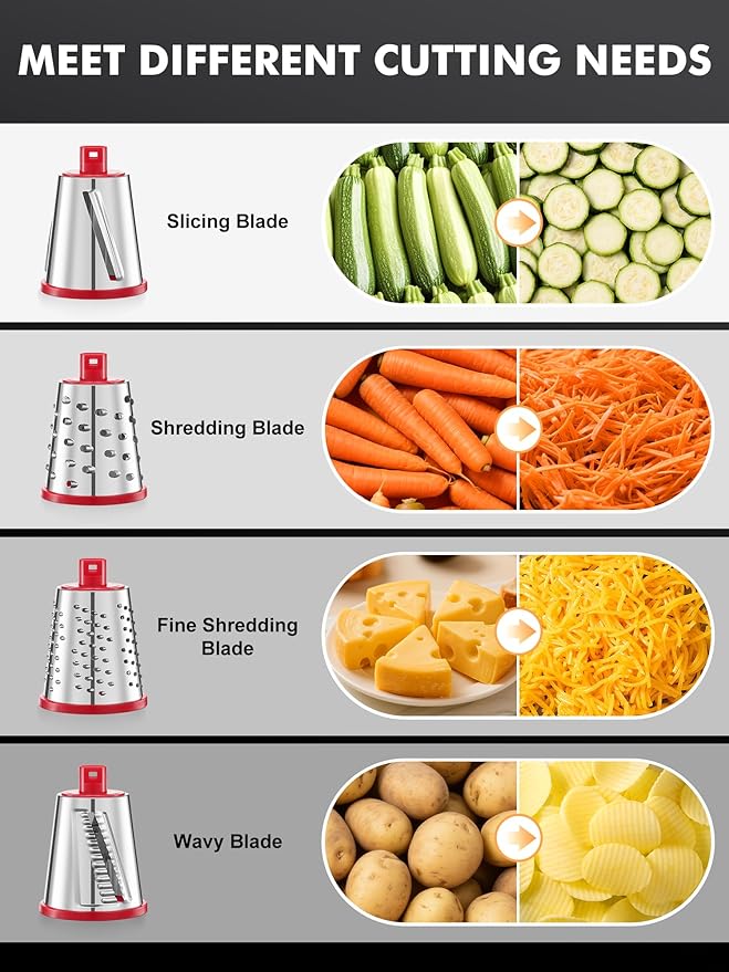 GDL Upgraded Cheese Grater Shredder Hand Crank, Vegetable Slicer, 4 Blades | 18x Faster Cutting, Stronger Suction Base, No BPA, Stainless Steel Blade, Dishwasher Safe, For Cheese & Veggies & Nuts