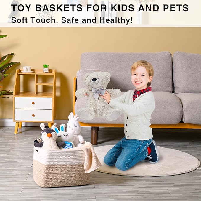 Storage Baskets for Organizing, Woven Storage Baskets for Shelves, Toy Storage Baskets for Kid's Room, Towel Baskets for Bathroom Nursery, 14.8"×11"×9.5", Pack of 3, Off White & Brown