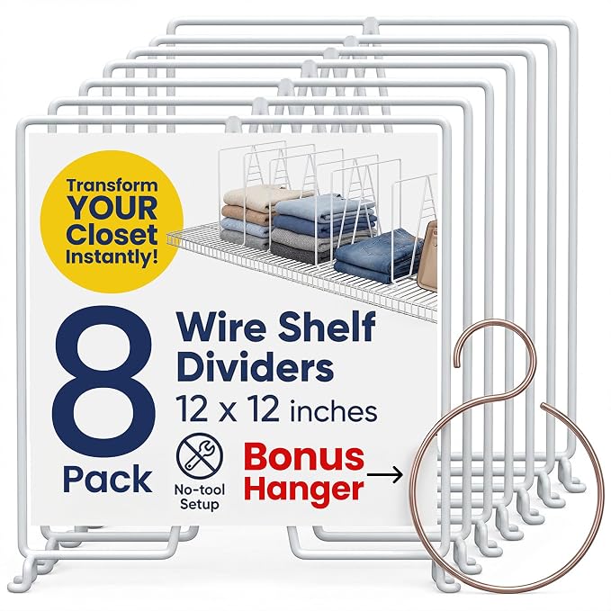 White Wire Shelf Dividers for Closet Organization – 4-Pack - Sturdy and Easy Set-Up Closet Shelf Dividers with Bonus Rose Gold Hanger - 12 inches x 12 inches