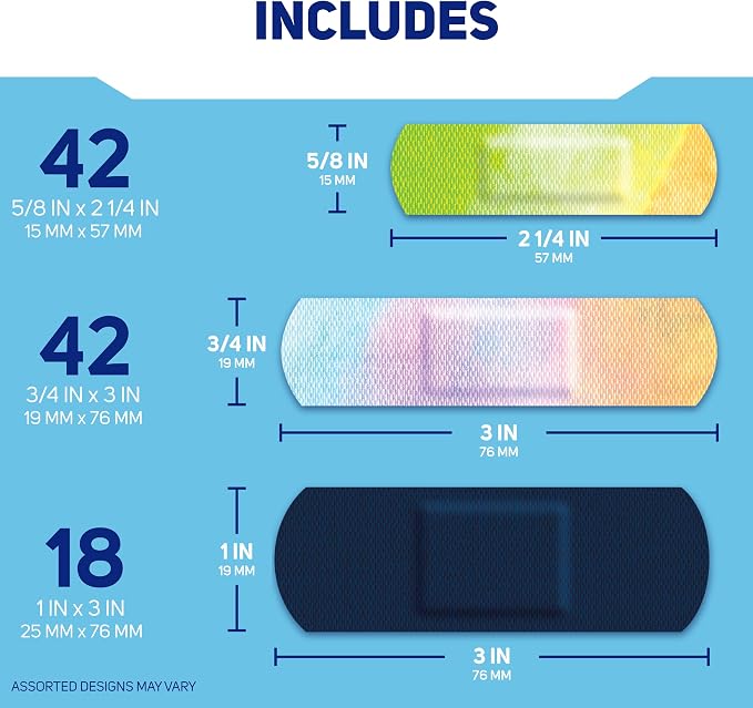 Care Science Color Splash Fabric Adhesive Bandages, Assorted Sizes, 102 ct | Flexible + Breathable Protection for First Aid and Wound Care.