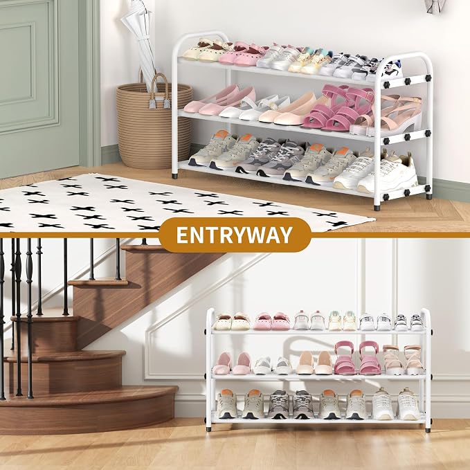 Hleelomi 3-Tier Expandable Shoe Rack for Entryway，Adjustable Metal Shoe Organizer for Closet,Living Room,Dorm, White