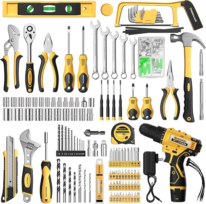 Tool Kit Box Drill Set with 12V Power Cordless Drill 299-Piece Tool Kit for Home Tool Set Storage Case with Drawer General Household Drill Set for Home Mechanics Repairs Men & Women, DIY