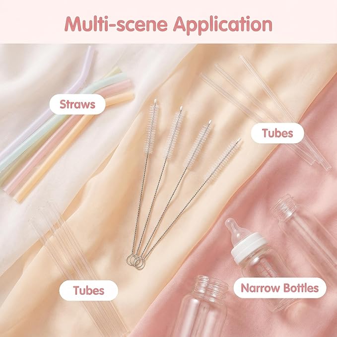 4 Pack Long Handle Pipe Cleaning Brush Set, Soft Bristle Deep Clean Detail Brush for Straws, Narrow Bottles, Small Tubes, Crevices