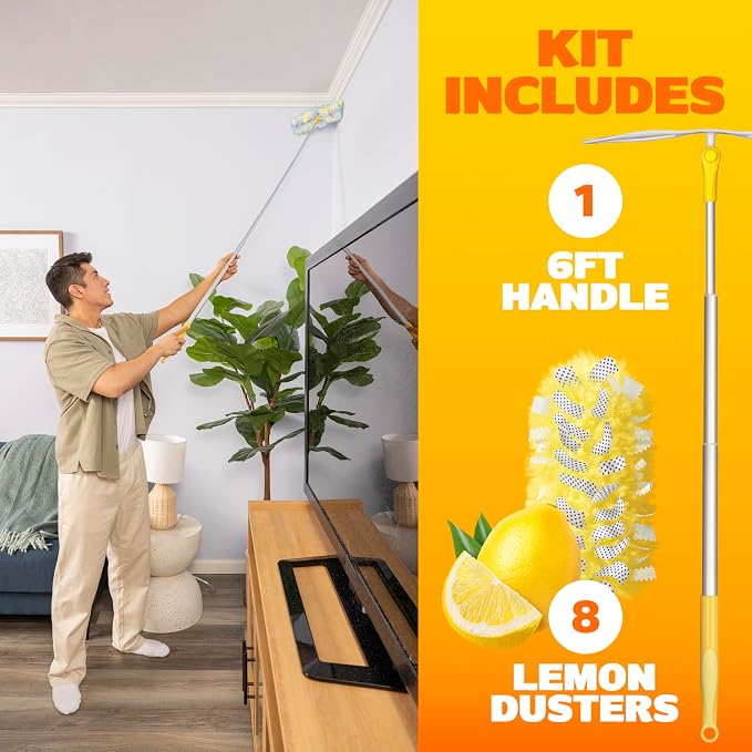 Swiffer Duster Kit with 6 ft Super Extendable Handle, Heavy Duty Starter Kit with 8 Refills, Lemon Scent