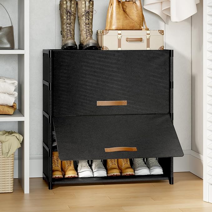 5 Tier Shoe Cabinet with Door, 20-Pair Storage, Black | Ideal for daily family use. Door keeps shoes dust-free. Stops pets from chewing. Simple tool-free install.