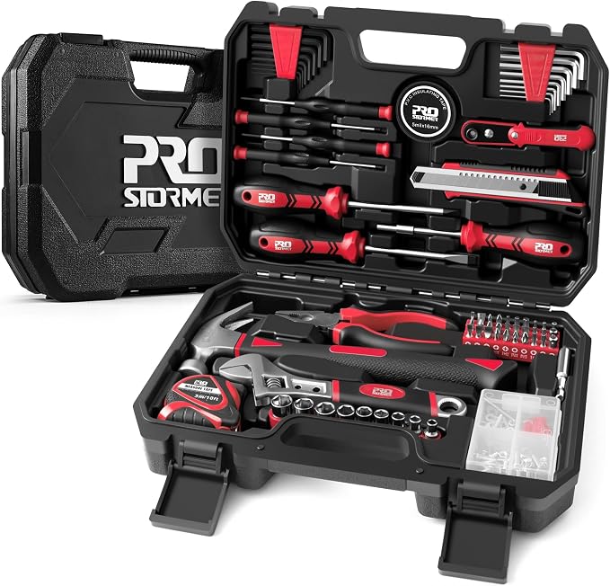 Prostormer 160-Piece Home Tool Set, Starter Tool Kit, Red | Eessential Tools for Household Repairs & DIY Projects, Beginners Friendly, Compact & Portable