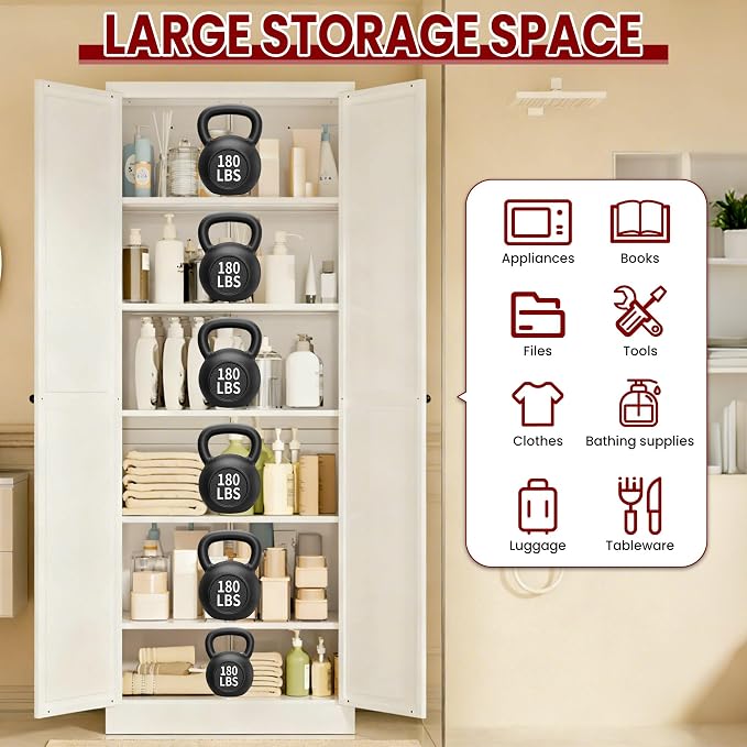 AQY 72" Pantry Cabinet, White Freestanding Storage Cabinet with 5 Adjustable Shelves, Metal Pantry Cupboard with Ventilation Design & Hanging Hooks, 2-Door Kitchen Organizer for Living Room Kitchen