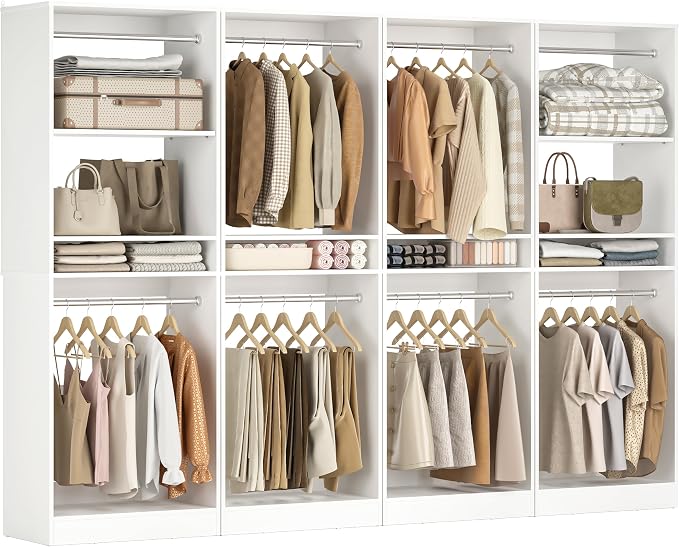 Unikito 100” Closet System, 8.3FT Wood Closet Storage Organizer with 8 Hanging Rods, Adjustable Large Walk in Wardrobe Closet Tower, Sturdy Clothes Garment Rack, Easy Assembly, Set of 4, White