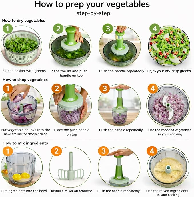 Brieftons Salad Spinner and Chopper Combo: Large 6.34-Quart Lettuce Greens Vegetable Washer Dryer with Bonus 0.95-Quart Push Veggie Chopper Mixer, Storage Lids, Collapsible, No Electricity, Easy Prep