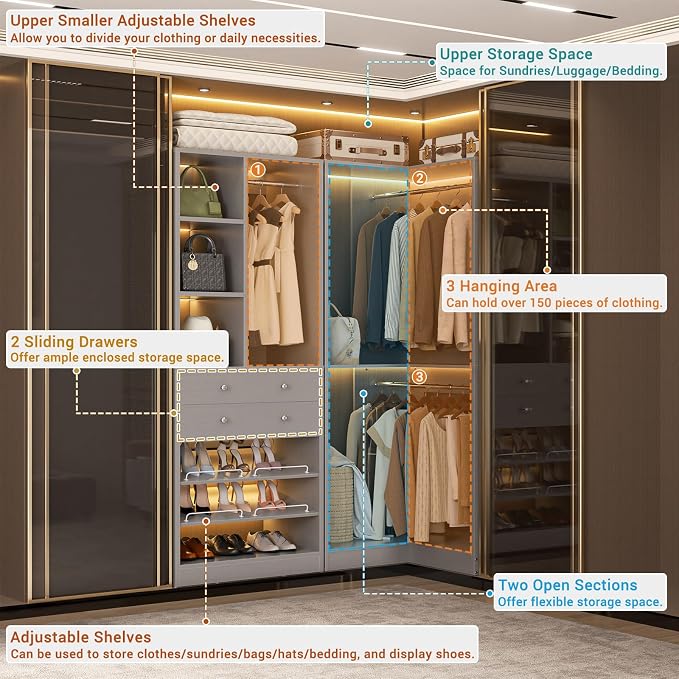 Besiost Closet System with 2 Drawers, 3 Hanging Rods, 59.5" * 31.5" Closet Organizer System with Corner Tower, Reversible L Shaped Walk-in Closet System, Corner Closet System Set of 2, Morandi Grey