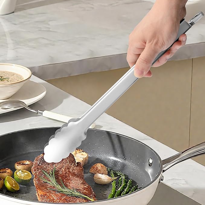 Kitchen Tongs for Cooking - 9 Inch & 12 Inch Heat Resistant Stainless Steel Metal Locking Tong, BBQ Tongs Grill Tong for Cooking, Grilling, BBQ/Barbecue, Food (All Metal - 9"+12")