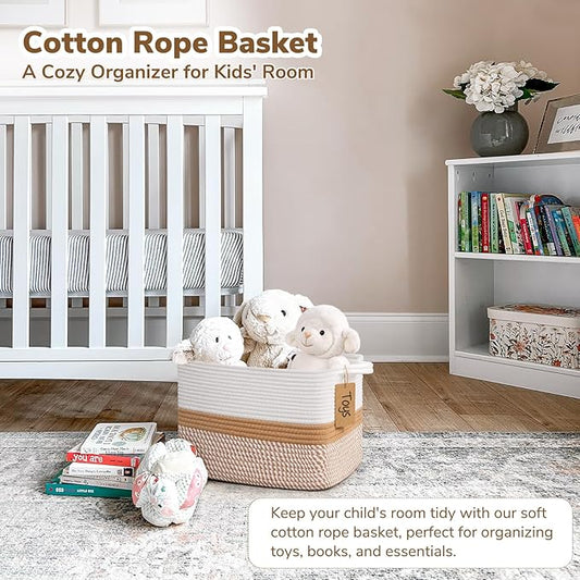 Goodpick Woven Storage Baskets for Organizing, Rectangle Cotton Rope Basket for Dog Toys Books Magazines, Stylish Gift Basket for Living Room Home Decor, 13" x 10" x 9", White & Camel Mix