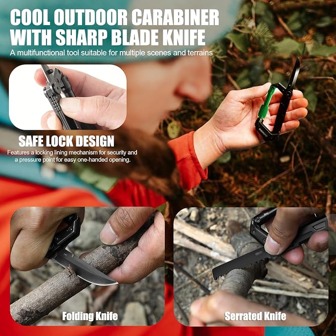 Carabiner Multitool with Pocket Knives, EDC Carabiners for Camping Hiking | Serrated Knife, Rope Cutter, Screwdriver, Can Bottle Opener, Ruler, Folding Knife, Gifts for Men (Green)