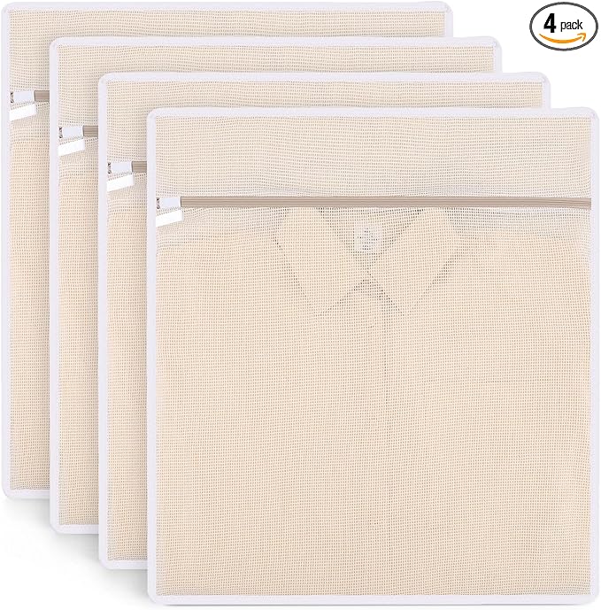 4 Pack Durable Cotton Mesh Laundry Bags for Delicates - 20×24inch Laundry Bags Mesh Wash Bags with Sturdy Zipper for Underwear Bras Socks Clothes Storage Natural Cotton Washing Machine Safe