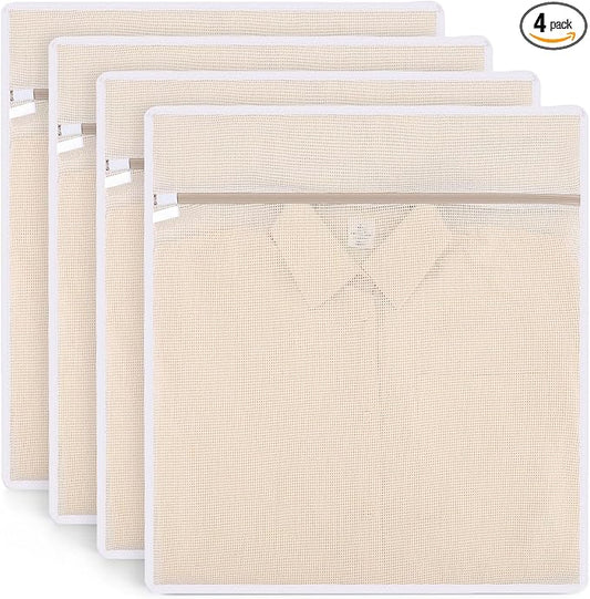4 Pack Durable Cotton Mesh Laundry Bags for Delicates - 20×24inch Laundry Bags Mesh Wash Bags with Sturdy Zipper for Underwear Bras Socks Clothes Storage Natural Cotton Washing Machine Safe