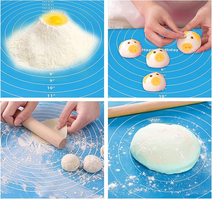 12 Inch Round Silicone Cake Mat with Measurements, Non-Stick Baking Mat for Cake Turntable, Dough Rolling, Cookies & Pizza, Heat Resistant Reusable Pastry Pad(Blue)