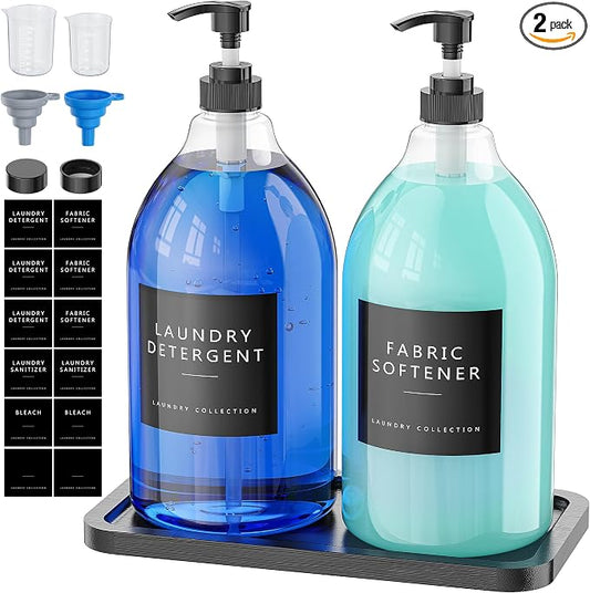 Moforoco 2 Pack Black Liquid Laundry Detergent Dispenser with Bamboo Tray, 64 Oz Plastic Laundry Soap Dispenser, Fabric Softener Dispenser with Pump and Labels for Laundry Room Decor and Organization