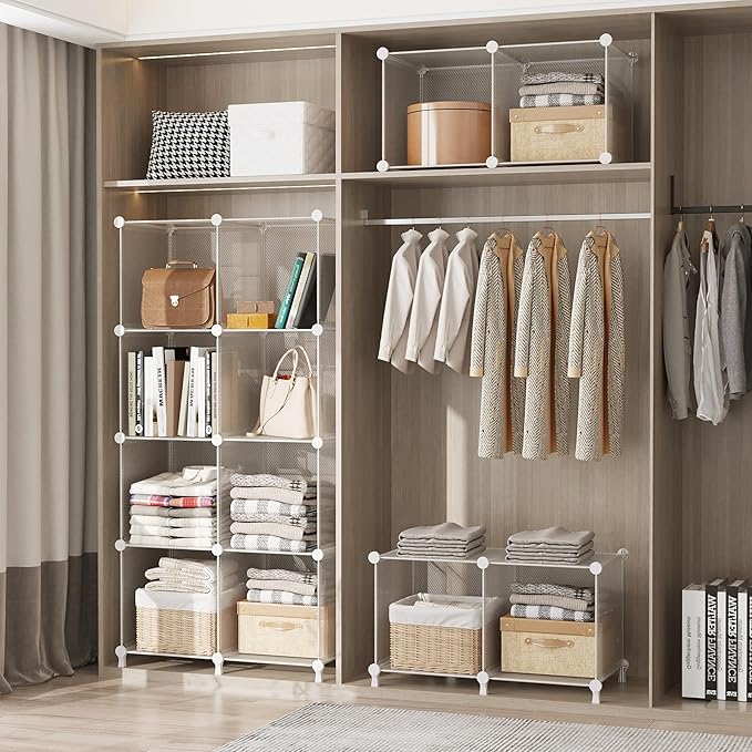 AWTATOS Cube Storage Organizer, 16 Cube Closet Organizers, Clear | DIY Stackable Storage Cube Shelves, Portable Closet, Plastic Clothes Organizer Shelving for Bedroom, Home Office