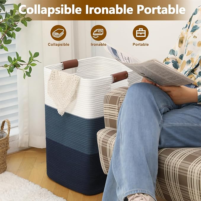 Laundry Hamper 96L Extra Large Laundry Basket, Woven Blanket Basket | Cotton Woven Storage Hamper with Handles for Living Room, Large Baskets for Pillows, Blankets, Clothes-Gradient Blue