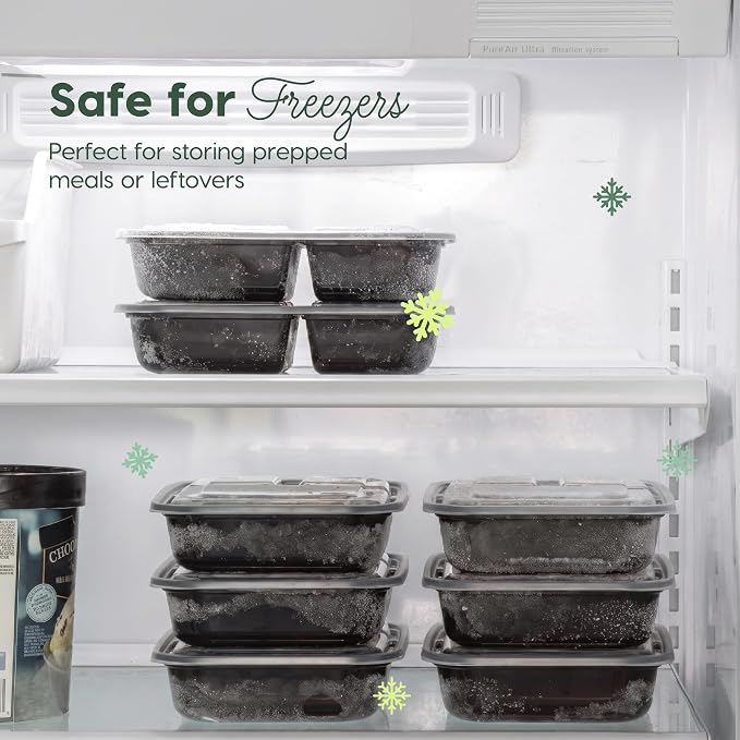 IRIS USA Meal Prep Containers, 36oz - 50 Pack (100-Piece) 2-Compartment Reusable Food Storage Containers with Lids, Plastic Kitchen Food Prep To Go Lunch Box, Microwave Freezer Dishwasher Safe, Black