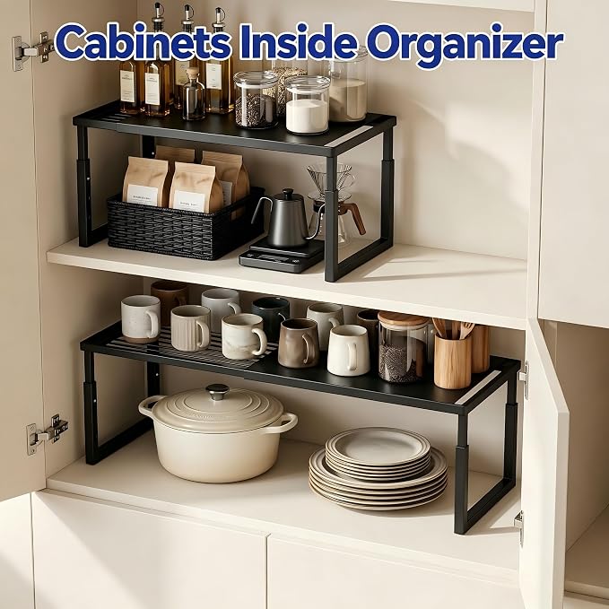 Expandable Cabinet Shelf Organizer, Stackable Kitchen Countertop Storage Shelves, Heavy Duty Adjustable Pantry Organizer Rack for Cabinet, Cupboard, Under Sink & Spice Storage