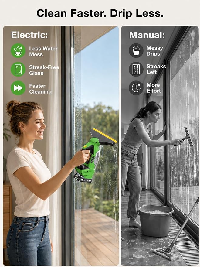 TaskStar Window Vacuum Squeegee Cordless: Electric Window Cleaner Tool with 2000Pa Suction, 2000mAh Detachable Battery, 150ml Water Tank, 11in & 6.7in Blades for Glass, Shower Doors, Mirrors, Tiles