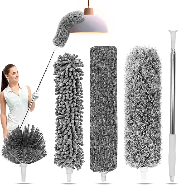 Duster with Extension Pole - Grey | 5-in-1 Kit Dusters for Cleaning, Extendable Duster with 100 Inches, Microfiber Dusters for Ceiling Fans, Furniture, Blinds