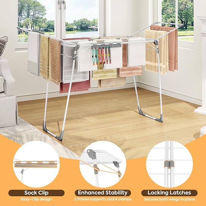 KINGBOARD Clothes Drying Rack, Gullwing Drying Rack with Sock Clips, White | For Family Laundry, Spacious Design with 2 Sturdy Frame Supports, Holds Up to 37lbs, Non-slip Feet, for Indoor/Outdoor Use