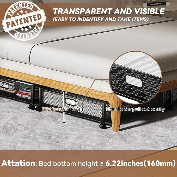 PHINOX Under Bed Storage with Wheels & Handle,Metal,Large,2 Pack,Black | Tool-free assembly, glide smoothly, easy reach, foldable, maxmazie low-profile beds, dorm, keep seasonal clothes, shoes fresh