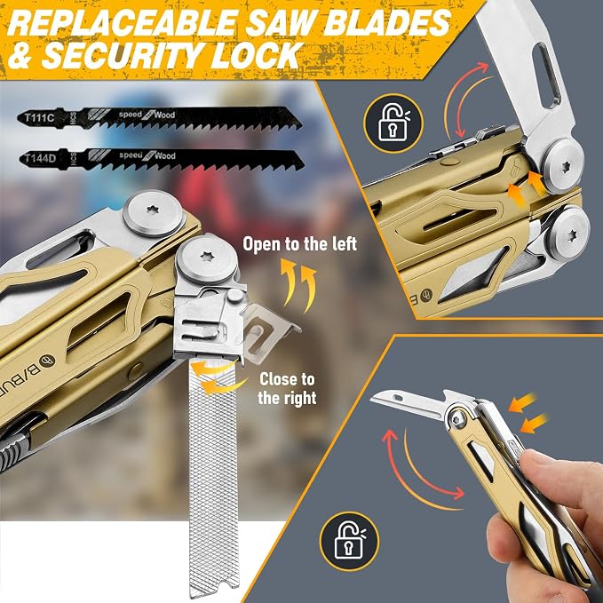 BIBURY 31-in-1 Multitool Pliers Pro,EDC Pocket Knife & Screwdriver-BI2045 | Stainless Steel Multi Tool with Replaceable Wire Cutters, Saw, Large Scissors, Ideal for Camping,Survival,Repair