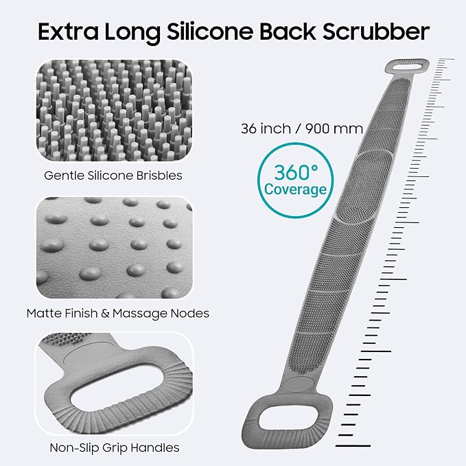 Sofine® 2 Pack Silicone Back Scrubber for Shower,36in Dual Sided Body Scrubber,Shower Brush Washer Extra Long with Handle,Back Applicator,Exfoliating Back Scrubbers for Use in Shower Men&Women