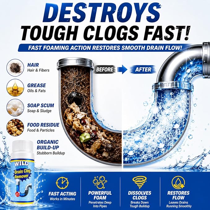 Drain Clog Remover 4 Pack, Sink Drain Cleaner Fast Foaming, Clogged Drai Remover Rapidly by Dissolve Impurities, Quick Cleaning Tool for for Pipes & Toilet, Kitchen Sinks, Bathroom Showers（480g）
