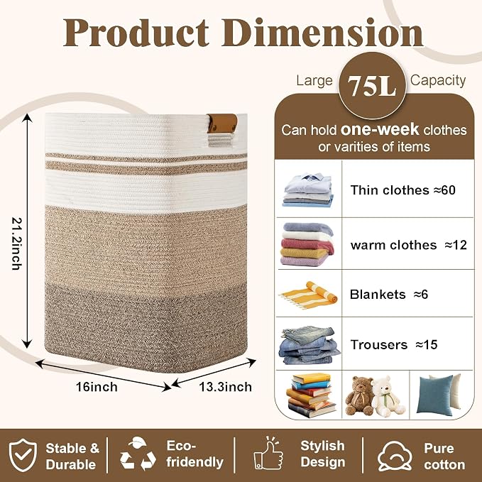 Laundry Hamper, 75L Tall Laundry Basket with Leather Handles, Rectangle Large Clothes Hamper for Organizing, Cotton Woven Laundry Baskets Storage Hampers for Bedroom, Nursery, Living Room