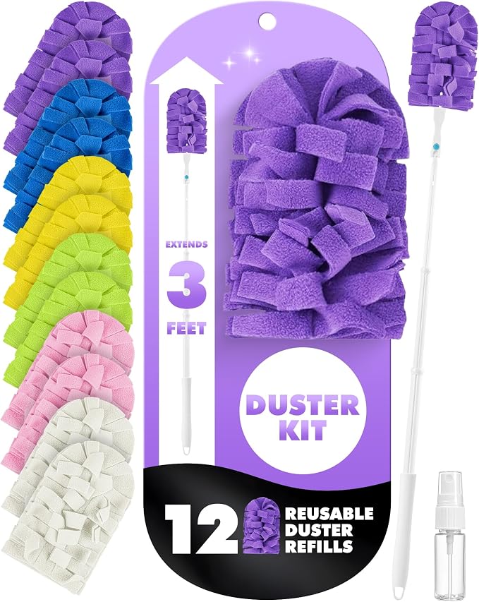 12 PCS Reusable Duster Refills with 3 ft Extendable Handle for Swiffer | Washable Fleece Pads in 6 Colors, 360° Heavy Duty Duster Cleaning for Ceiling Fans, Blinds & High Places, Wet & Dry Use