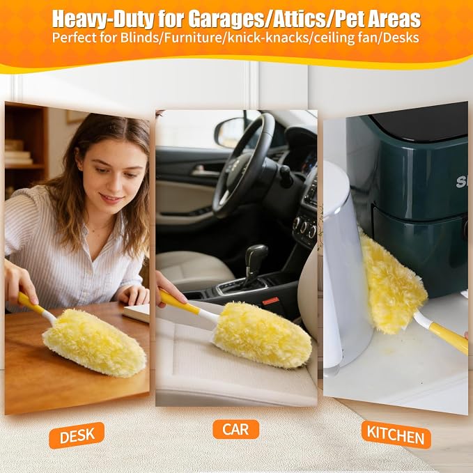 30 Count 360° Heavy Duty Duster Refills, Compatible with Swiffer Duster, Includes 1 Short Handle & 1 3 ft Extendable Handle, 4X Microfiber Cleaning Dusters, Disposable Unscented