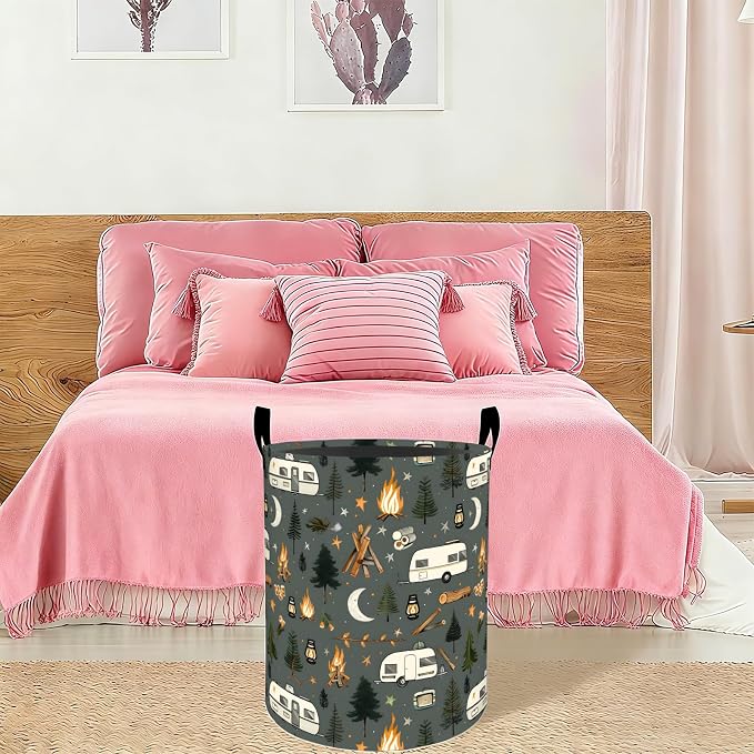 Camping Trailer Laundry Basket Hamper 19.7"x15.8", Organizer Bins Gifts for Kids Boys Girls, Retro Camper Foldable Waterproof Oxford Clothes Storage Bucket for Bedroom Bathroom Decor