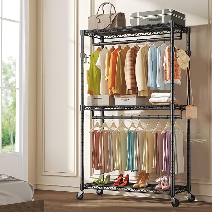 OLIXIS Rolling Clothes Rack, Heavy Duty Garment Rack, 47 IN, Metal Black | Adjustable Closet Organizer for Hanging Clothes, Portable Closet with 2 Side Hooks
