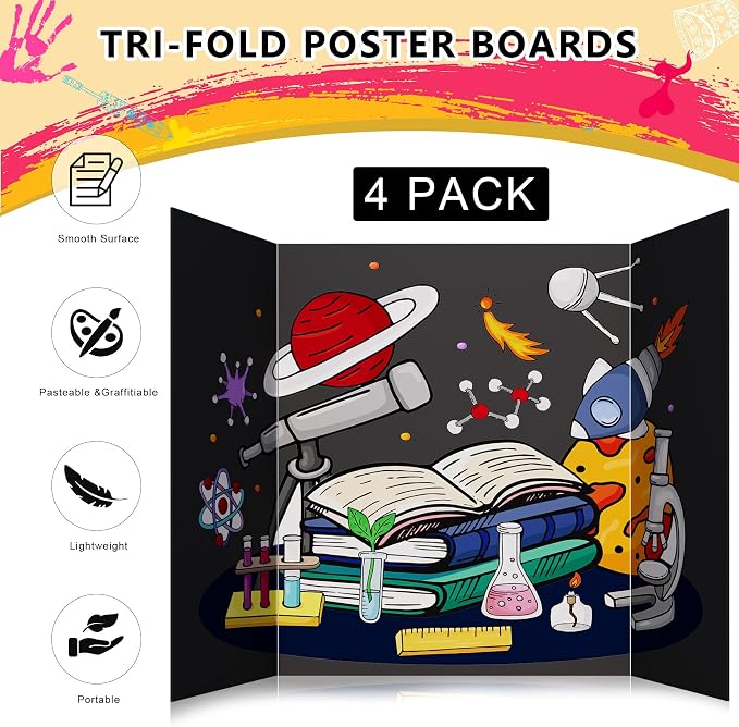 HAUTOCO 4 Pcs Medium Trifold Poster Board 26'' x 15.74'' Project Boards | Corrugated Tri Fold Presentation Boards for Science Fair, School Projects, Event Displays & Business Presentations, Black
