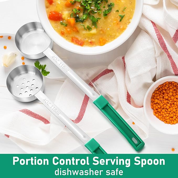 Teenyyou 2 Pcs Portion Control Serving Spoons, Restaurant Measuring Serving Ladle Utensils, Portion Spoons for Weight Loss, Kitchen (Green,4 oz,Solid and Slotted)
