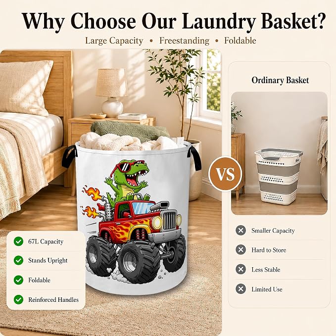 Dinosaur Truck Laundry Basket with Handles, Foldable Tall Oxford Clothes Hamper, Lightweight Water-Resistant Storage Bin for Bedroom Bathroom College Dorm, 16 x 20.8 Inch