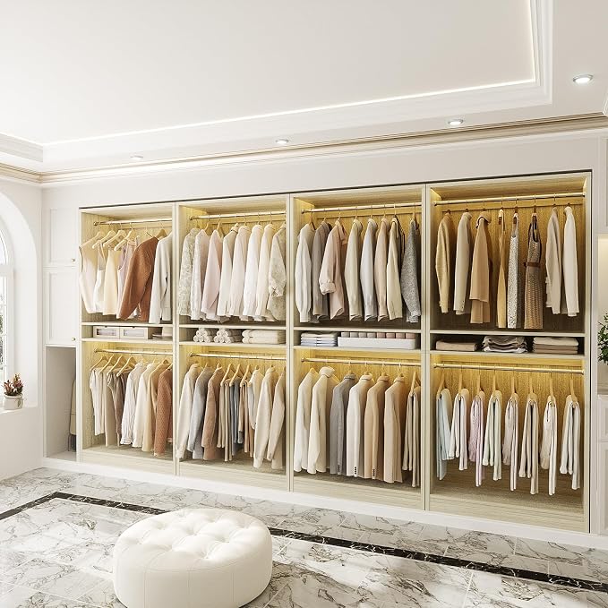 Unikito 12FT Modular Closet System with 8 Hanging Rods, 2800LBs Wood Garment Rack, 4-Pieces Ultra-Wide Walk-in Closet Organizer, Freestanding Clothing Shelves, White Oak