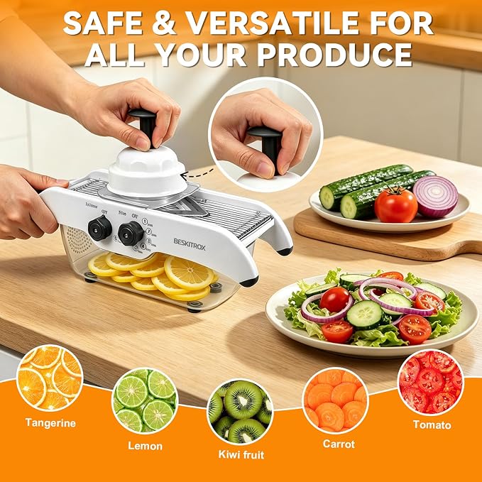 5-Speed Adjustable Mandoline Slicer Manual Veggie Cutter with Safety Guard | 5 slicing thickness options, safe guard avoids cuts, compact slicer for fruit & vegetable home cooking prep