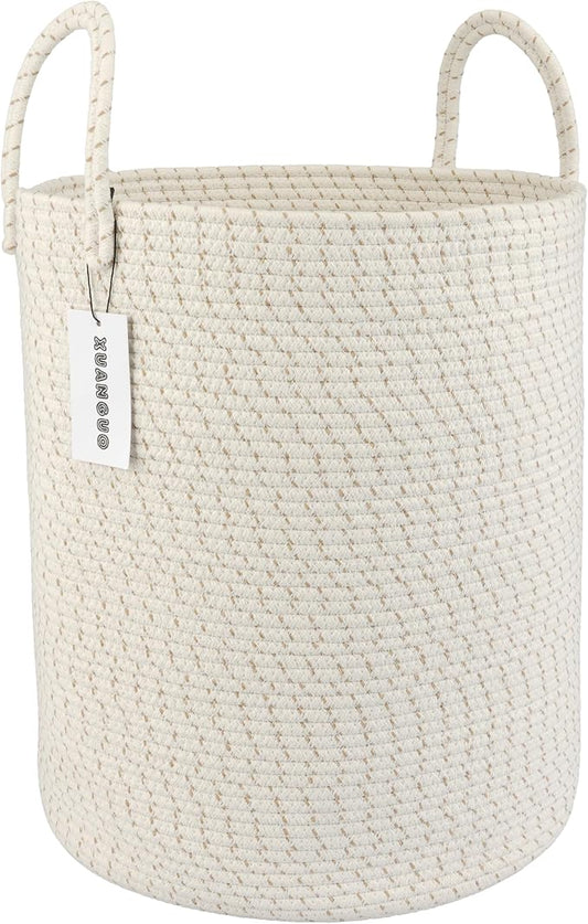 XUANGUO Cotton Rope Laundry Basket Hamper for Clothes, striped | Woven Storage Basket for Living Room Bedroom Boho Tall Rope Baskets for Blanket Toys Pillow Towels Baby Nursery Hamper Bin