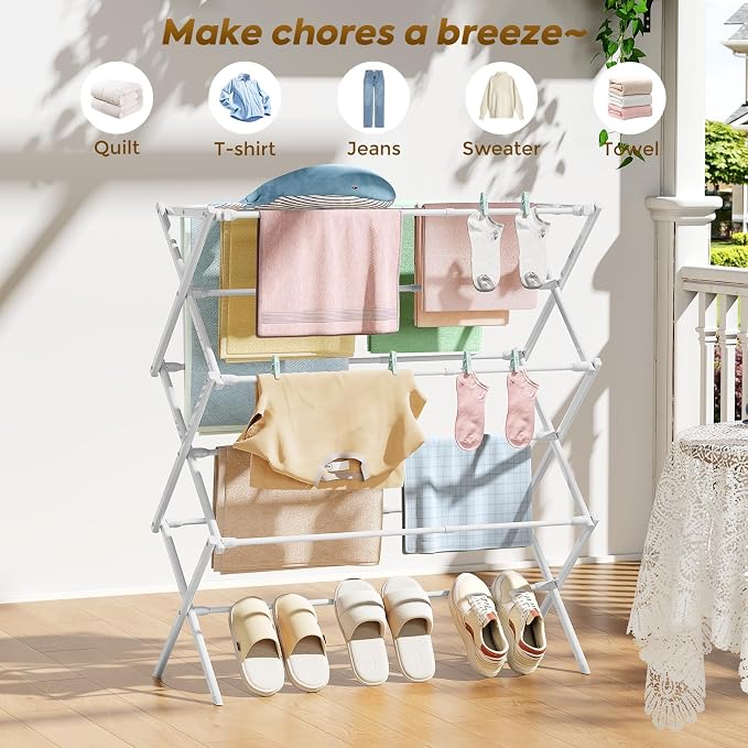 KINGBOARD 3-Tier Extendable Clothes Drying Rack, Small & Foldable, White | 37.4"H x 33.8"W x 11.2"D, Space-Saving Collapsible, Easy Assembly, Rust-Resistant Iron Frame, Indoor Outdoor Use, 25lb