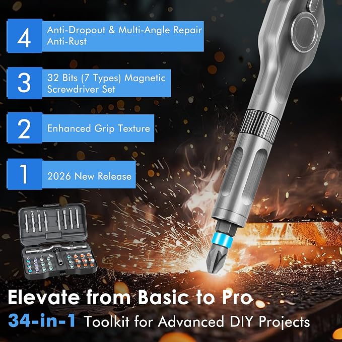 Asnish 34 in 1 Magnetic Screwdriver Set with Ratcheting Multi Bit | Repair Tool Kit with Interchangeable Bits, Precision Hand Tools for Electronics, Computer, Bike, Furniture & DIY Projects